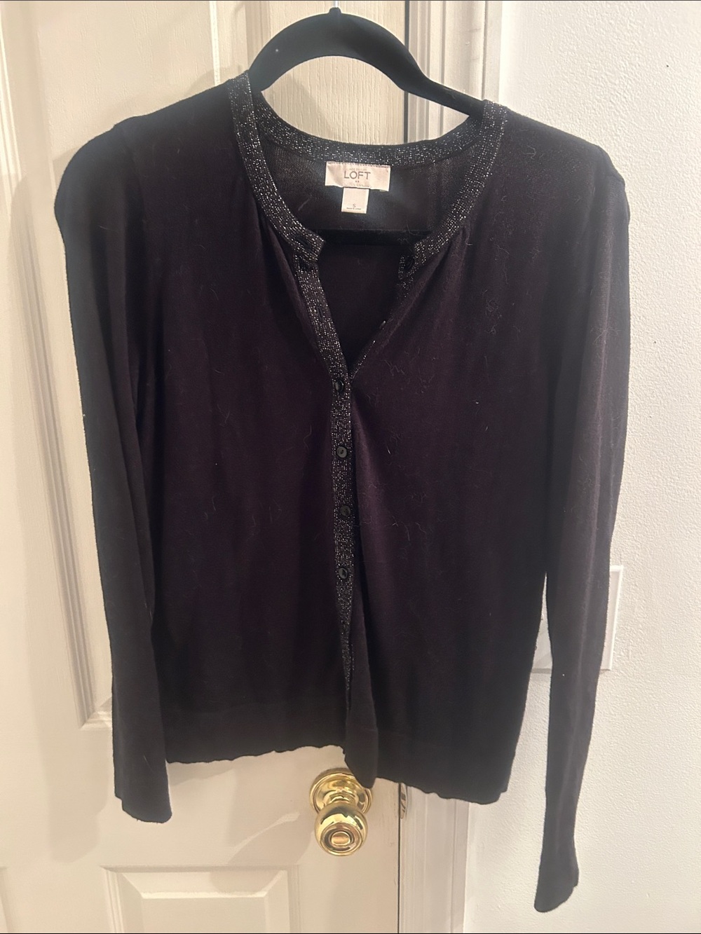 LOFT Black Crewneck Cardigan Sweater with Shimmer Trim